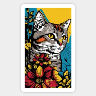 American Shorthair Cat Vibrant Tropical Flower Tall Retro Vintage Digital Pop Art Portrait Sticker